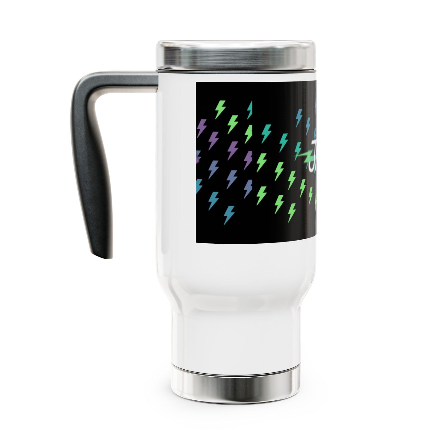 14oz Stainless Steel Travel Mug with Handle — Rainbow Lightning Bolt 'Jaunt' Design