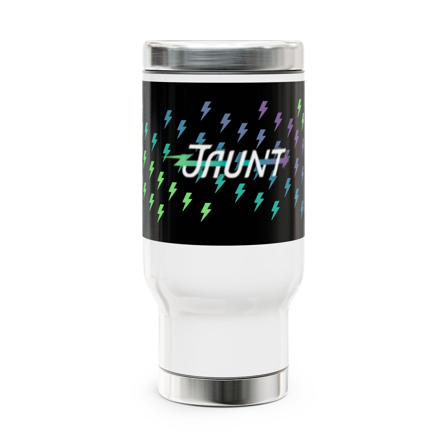 14oz Stainless Steel Travel Mug with Handle — Rainbow Lightning Bolt 'Jaunt' Design